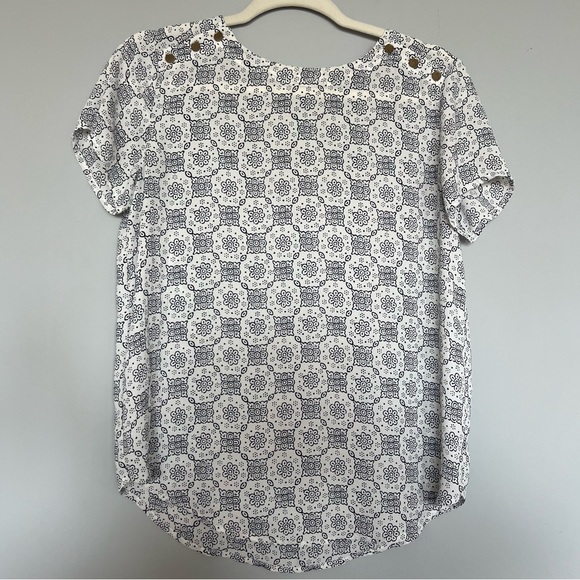 LOFT Floral Print with Gold Buttons Blouse | Navy Blue & White | Size: S | Women - Picture 1 of 8